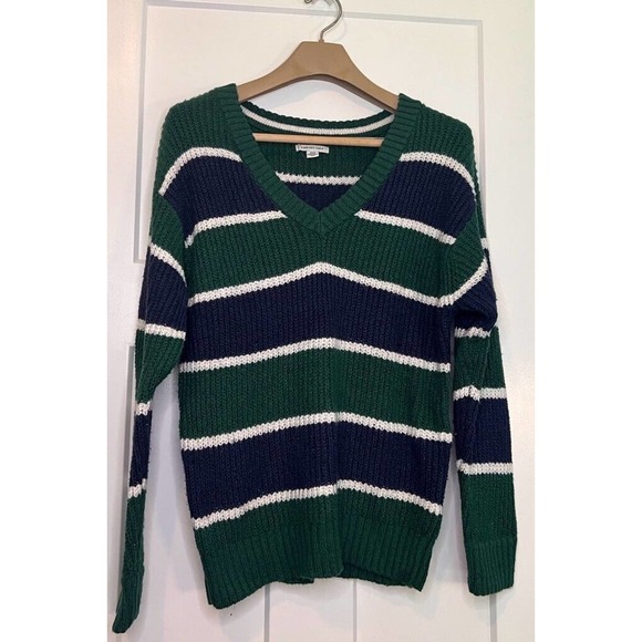 American Eagle Outfitters Womens Pullover Sweater‎ Green Blue Striped V-neck M - Picture 1 of 8